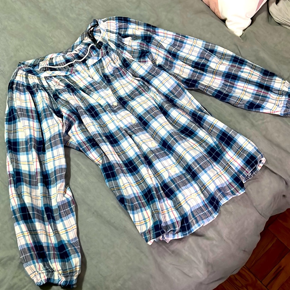 Gap Flowy Plaid Blouse with Elastic-End Sleeves